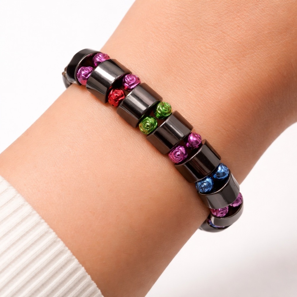 Magnetic Hematite Stretch Bracelet Black Barrel Beads Rose Spacer Accents